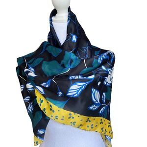 Halogen Womens 100% Silk Square Scarf Black Blue Floral Yellow Border 37x37